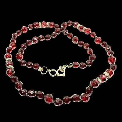 MONET Red Faceted BEAD Beaded Glass? Designer Long Costume Necklace Vintage • $19