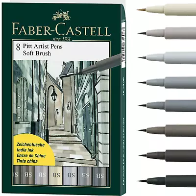 Faber-Castell 8 Pitt Artist Pens - Grey India Ink Soft Brush - Graphic Artists • $19.23