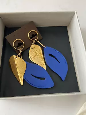 Marni Leaf Statment Earrings Leather Post Back With Box Collectable Blue Gold • $250