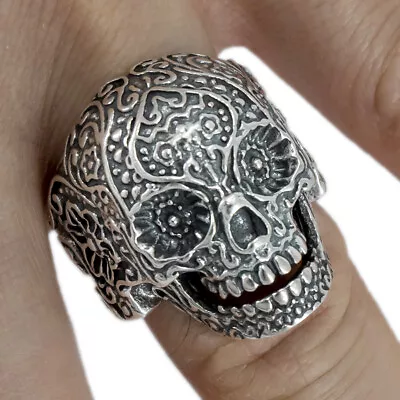 20g Mexican Sugar Floral Tribal Tattoo Skull Biker 925 Sterling Silver Mens Ring • $64.90