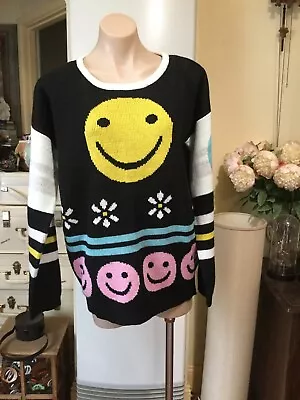 I LIKE WOLVES Jumper Happy Face Emoji Size S Black Yellow Pink Green • $38