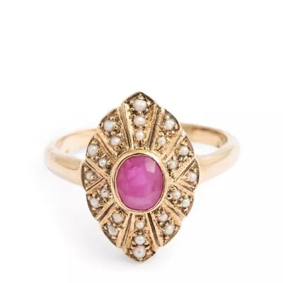 Gorgeous Vintage Style Ruby & Seed Pearl 9ct Gold Ring - Size UK O 1/2 - US 7.5 • $495