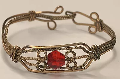 Vintage Child’s 5” Bracelet Bronze Copper Tone Twisted Braided Red Crystal Bead • $25.16