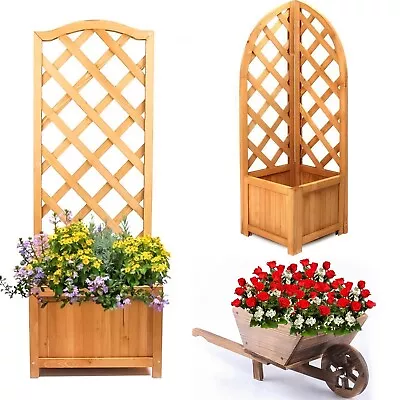 2 Trellis Wooden Planter Garden Plant Flowerpot Lattice Box Patio Set Natural • £14.85