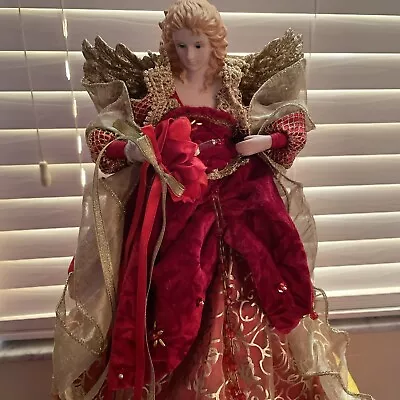 Victorian Angel Tree Topper Lights Red Velvet Gold Glitter Wings 15” • $25