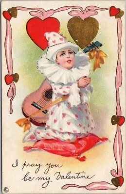 STECHER 313C Postcard Boy Minstrel Costume / GUITAR  I Pray You Be My Valentine  • $4.50