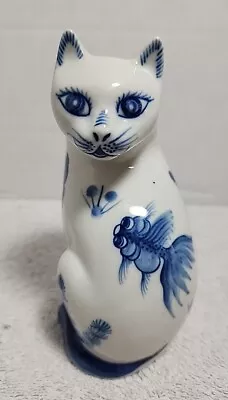 Vintage Porcelain Cat Chinese White Blue Figurines With Koi Fish Hand Painted  • $18