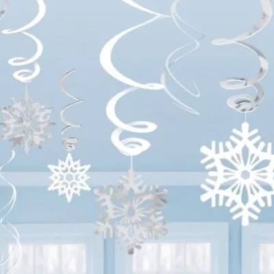 Frozen Snowflake Christmas Birthday Party Swirls Hanging Decorations 12 Pack • $10.75