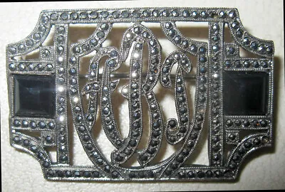 Vintage Sterling Silver Art Deco Marcasites & Onyx Monogram  Art  Brooch!! • $22