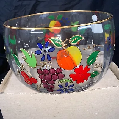 Crystal Clear Venetian Fruit 9″ Bowl Accented In 22K Gold Mouthblown Handpainted • $17.99