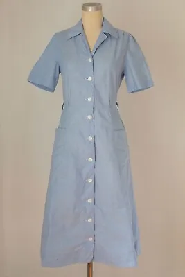 Vtg 50s 60s Cotton Chambray Blue Dress Shirtwaist Uniform Nurse 28 In Waist • $50