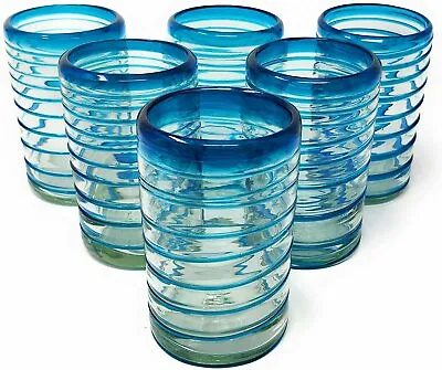 Hand Blown Mexican Drinking Glasses – Set Of 6 Glasses With An Aqua Spiral... • $49.99