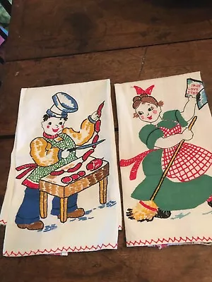 Embroidered Pair Of Kitchen Dish Towels Cooking 50's Vintage Cottage Core Granny • $17