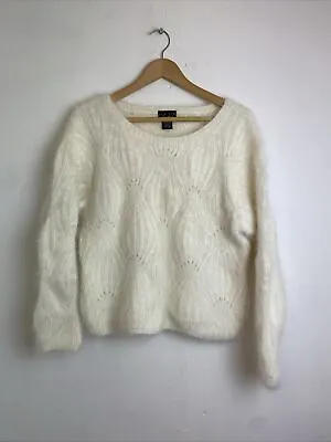 Limited Handknit White Rabbit Hair Mohair Large Cable Design Jumper Large B14 • £49.99