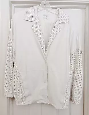 VAKKO USA Leather Jacket Coat Perforated Retro Oversize Lined WHITE Womens S VTG • $54.95