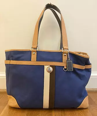 £47.92 • Buy COACH Diaper Bag, Tote Bag, Navy Tan Brown Fabric And Tan Leather