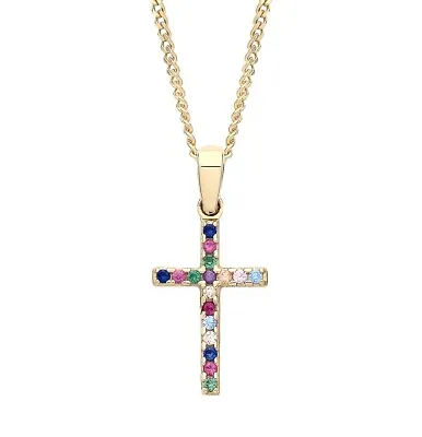 9ct Gold Multi Gem Cross REVERSIBLE Pendant Necklace + 18  Chain • $115.59
