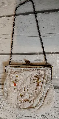 Vintage Victorian Micro Beaded Purse W/Embroidered Flowers And Silk Lining • $15