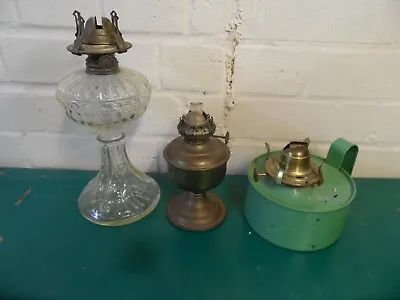 3 X Vintage Oil Lamps Glass Brass & Green Enameled Metal *spares Or Repairs* • £22