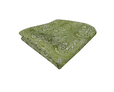 Mens Sage Green Tie Handkerchief Silk Floral Pocket Square Napkin Paisley Hanky • £3.04