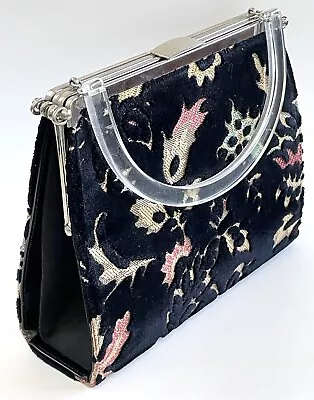 Vtg 50s L&M Reversible Purse By Edwards Acrylic Handle Black Tapestry Floral • $68.99