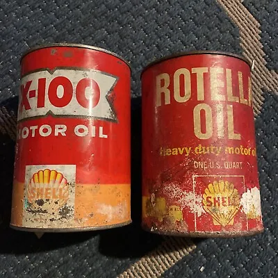 VTG Lot-(2) Shell Motor Oil Cans 1 Quart Metal/ Composite X-100 Rotella Gas Oil • $35