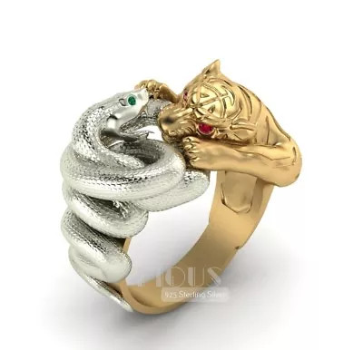 Unique Tiger Snake Two Tone Animal 925 Silver Men's Biker Rider Ring • $125.30