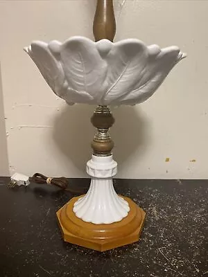 Vintage 28” Milk Glass & Wood Table Lamp With Bowl Vase For Decor • $35