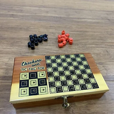 Vintage Wooden Checker Board & Old Wood Checkers Tic Tac Toe Travel Box Case • $9.98