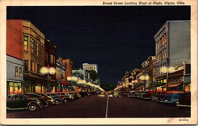 Linen Postcard Broad Street Looking West At Night In Elyria Ohio • £7.78