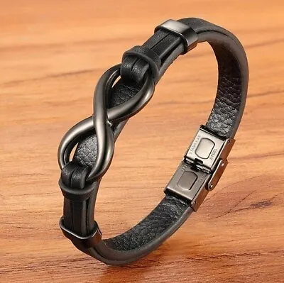 Infinity Logo Men Leather Bracelets Adjustable Stainless Steel-Black Adjustable • $14.99