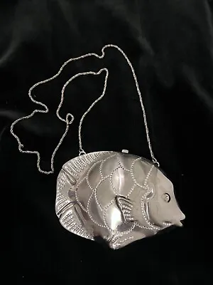 Vtg Marlene’s Gaines Silver Metal Hard Shell Purse Handbag Fish Rhinestones • $114.99