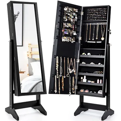 Jewelry Cabinet Stand Mirror Armoire Lockable Organizer Large Storage Box Black • $119.99