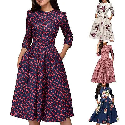 Women's A Line Dress Vintage Floral 3/4 Sleeve Crew Beck Slim Waist Party Dress • $21.37