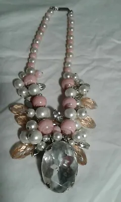 Vtg De Liguoro Haute Couture Pink/White Necklace W/a Large Crystal Pendant -NICE • $60