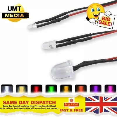 12V Pre-Wired LEDs 3mm/5mm/10mm Various Colours Lamp Wired LED 9V-12 Volts • £2.05