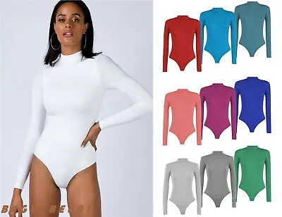 Womens Polo Neck Bodysuit Ladies Long Sleeve Leotard Plain Stretch Top Casual • £6.99