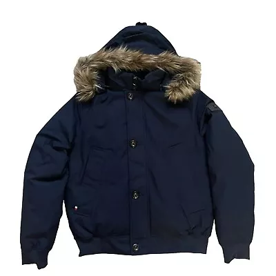 Tommy Hilfiger Mens Removable Hood Essential Bomber Down Jacket Short Parka Navy • $99.98