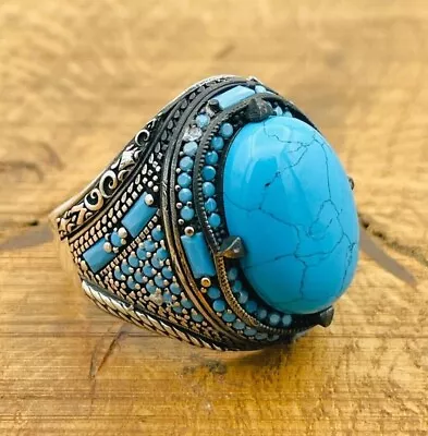 Mens Silver Ring Blue Topaz Turquoise Stone Oval Ring 925K Mens Jewelry • £52.04