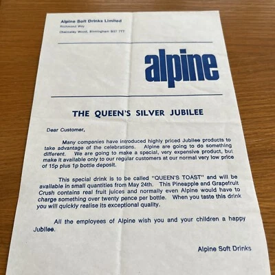 £1.50 • Buy Queen Elizabeth II Silver Jubilee Memorabilia Alpine Soft Drinks Leaflet