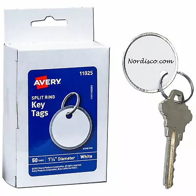 Avery 11025 Split Ring Key Tags 1-1/4  Diameter White Metal Rim Pack Of 50 • $9.99