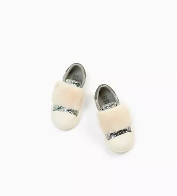 Zara Kids Baby Girl Glittery Faux Fur Plimsolls Size 5 EUR 21 NWT • $39.90