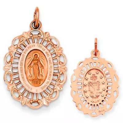 3D Oval Miraculous Medal Filigree Charm Pendant Solid Real 14K Rose Pink Gold • $172.50