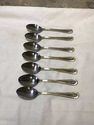 Lot 7 Farberware Gold Tone Beaded Handle OVAL SOUP SPOONS Flatware Replacements • $14.99