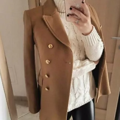 $129.99 • Buy Zara Camel Beige Wool Short  Coat Jacket Blazer Gold Buttons Size Small S New