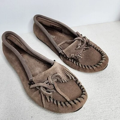 $13 • Buy Minnetonka Kilty Moccasins 401T Gray/Brown Suede Hard Bottom Shoe Size 8