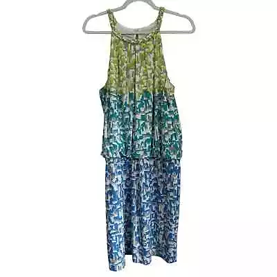 Maggy L. Dress Braided Collar Sleeveless Lime Green Blue Turqoise Gray Size 14 • $14.99