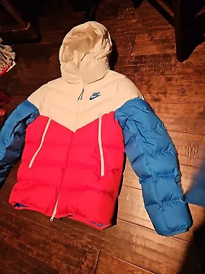 Nike Duck Down Filled Red White Blue Hooded Puffer Jacket Bubble Coat Mens  L • $199.99