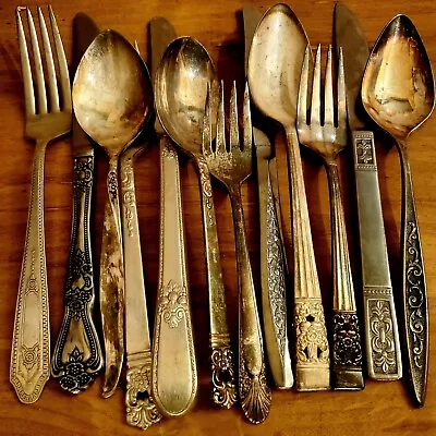 VTG 4 Sets HEAVY Mismatched Silverware Flatware  Silverplate Eclectic BOHO 12 Pc • $28.75