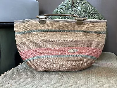 Gabriella Of Italy Woven Straw Handbag Purse Vintage 70s Faux Wood Handles • $55